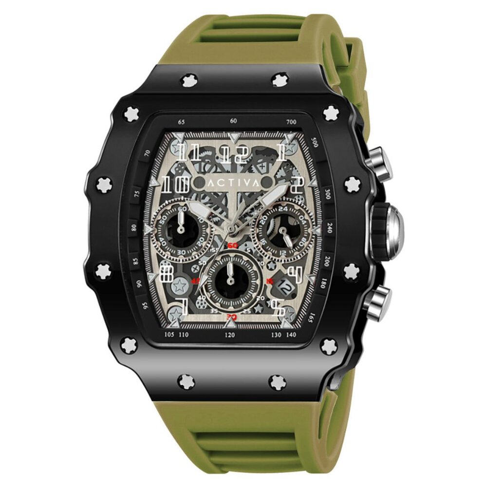 Activa Men's Skeleton Dial Watch Green Band Black Case 44.3mm ACW2305-011 NIB